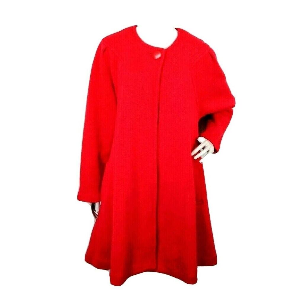 VTG 80s Red Mohair Blend Knit Crochet Puff Sleeve Oversized Duster Sweater Coat